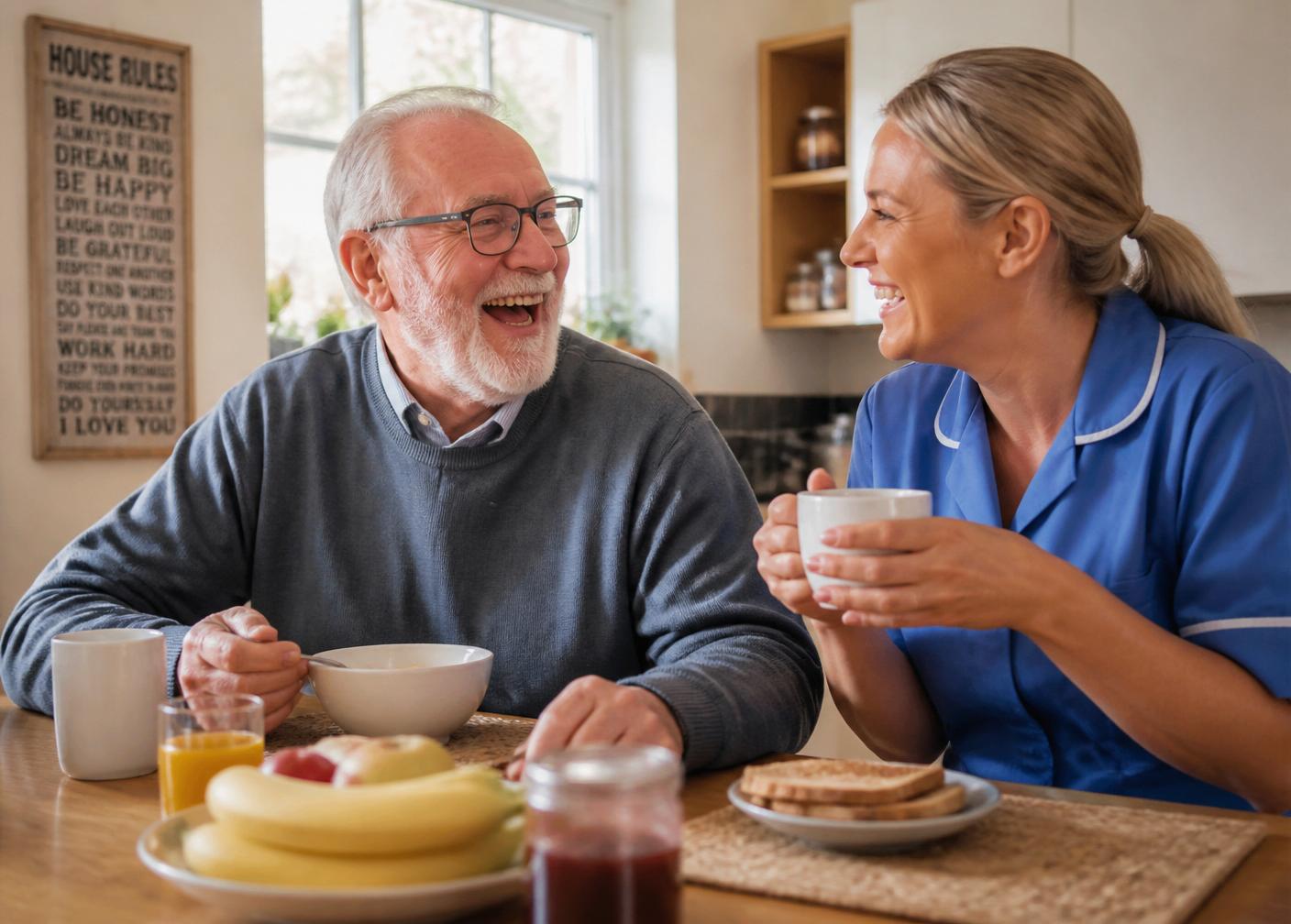 A caregiver and older adult sharing a cheerful moment at home